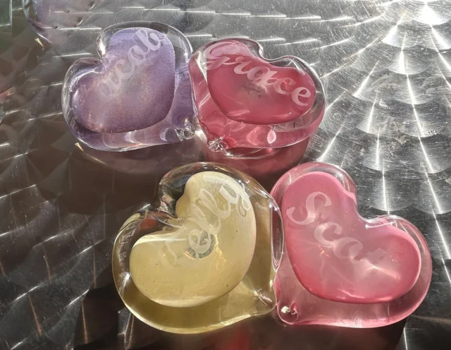 DOUBLE HEART PAPERWEIGHT
Each couple will make 2 separate hearts that we join together and add your names or the date. Prosecco and a box of Esther Price 5 oz. assorted holiday box chocolate provided. $170 per couple. 21 years or older. Under 21, $160 per couple. Reservations required by phone (513-751-3292) or email (neusoleglassworks@hotmail.com) or in person. Scheduled in approx. 30 minute increments. Payment required at time of scheduling. No refunds. Available for pick-up in approx. 7 days. #neusoleglassworks #valentinesday #glasshearts #couples #loveincincinnati #love  Now through the end of February.