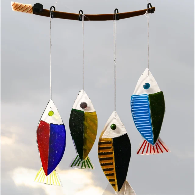 Create your own fish wind chime. Each wind chime is 4 fish attached to a fishing pole.  Fish are approximately 2.25'' x 5.75''. The pole is approximately 9'' long. Assembly is included in the cost. Please call 513-751-3292 between Wednesday and Sunday to schedule, or email neusoleglassworks@hotmail.com

Price is $75 and it will take approximately one hour. Wind chime will be ready for pick up in about 7 days. Payment is due at time of scheduling. All ages welcome, no experience needed.

#neusoleglassworks #fusingfish #fathersday #windchime #nonprofit